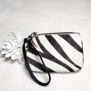 Express Zebra Stripe Leather Pony Hair Wristlet Ivory Black